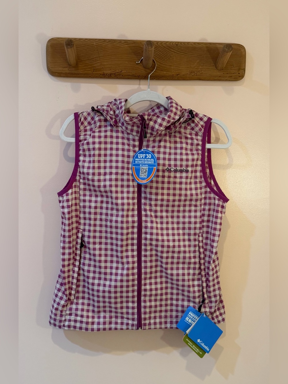 Columbia Ladies Purple and White Gingham UPF 30 Vest w/ Detachable Hood